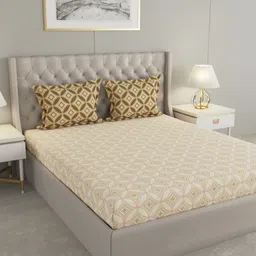 Raymond Home Cream-Coloured & Green Geometric 120 TC Queen Bedsheet with 2 Pillow Covers-12