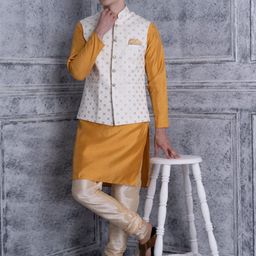Ethluxis Mandarin Collar Jacquard Weave Kurta with Churidar & Embroidered Nehru Jacket-image-66