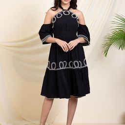 DEEBACO Halter Neck Bell Sleeve Fit & Flare Midi Dress-image-38
