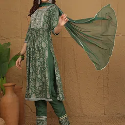 Anouk Floral Printed Mirror Work A-Line Kurta With Trousers & Dupatta image 3