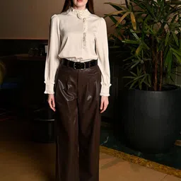 ODETTE Women Brown PU Solid Trouser-image-53