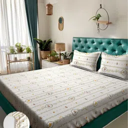 Arrabi Cream & Orange Floral Printed Fitted 310 TC King Bedsheet Set 2.54 m x 2.18 m-21