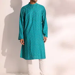 Fabindia Ethnic Motifs Printed Band Collar Straight Kurta-image-80