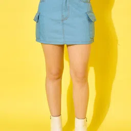 DIMPY GARMENTS Women High Waist Denim Cargo Mini Skirt-image-93