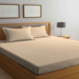 arrabi Cream Striped 300 TC Cotton Blend Double Queen Bedsheet With 2 Pillow Covers-picture-36