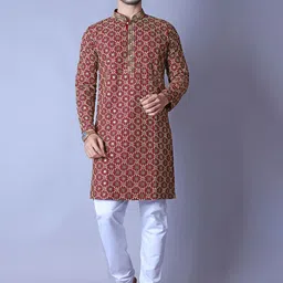 ALMORA Ethnic Motifs Printed Band Collar Straight Pure Cotton Kurta with Pyjamas-44
