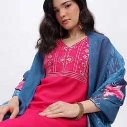 HERE&NOW Floral Embroidered Mirror Work Detail Straight Kurta with Trousers & Dupatta-picture-18