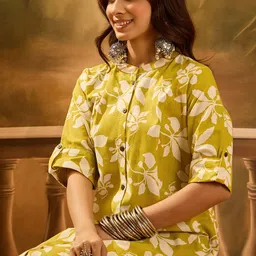 Sangria Floral Printed Mandarin Collar Pure Cotton A-Line Kurta-56