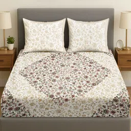 RRC Cream-Coloured & Maroon Floral Cotton 300 TC Double King Bedsheet Set-2.37 m X 2.74 m-14