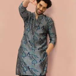 KISAH Men Floral Printed Mirror Work Cotton Straight Kurta-88