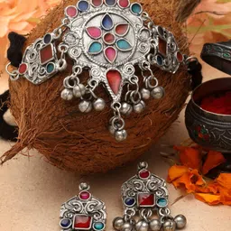 Moedbuille Silver-Plated Oxidised Ghungroo-Studded Meenakari Jewellery Set-image-99