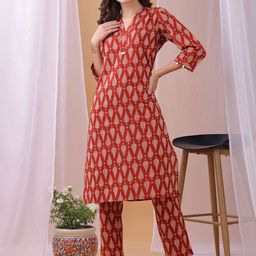 Shaily Geometric Printed V-Neck Pure Cambric Cotton Straight Kurta With Trousers-9