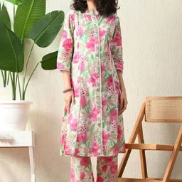 mokshi Floral Printed Mandarin Collar A-Line Kurta With Trouser-0