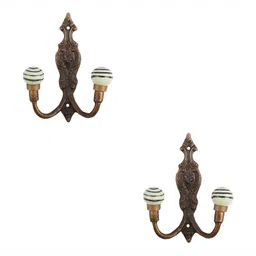 IndianShelf Green and Bronze 2 Pcs Striped Ceramic Wall Hooks-image-1