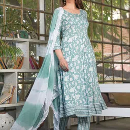 SINGNI Floral Printed Thread Work A-Line Kurta with Trouser & Dupatta image 3