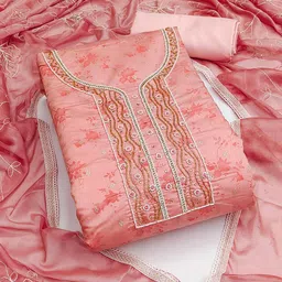 SHADOW & SAINING Floral Woven Design Beads and Stones Semi-Stitched Dress Material-image-40