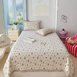 JC HOME White & Red Floral Printed 162 TC Double Bed King Bed Cover Set-picture-9