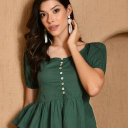 Sangria Women Puff Sleeves Cotton Peplum Top-image-9