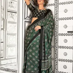 Stylum Ajrak Printed Satin Saree With Blouse Piece-image-45