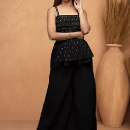 PARROT CREATION Floral Embroidered Sequinned Georgette Kurti With Palazzos And Dupatta image 2