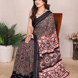 AMRUTKALA SAREES Floral Block Print Saree With Unstitched Blouse Piece image 2