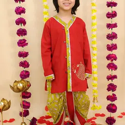 BownBee Boys Solid Embroidered Cotton Kurta with Dhoti Pant-27