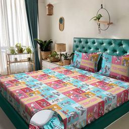 Myntra Elegant Homes Blue & Pink Cartoon Characters 400 TC King Bedsheet with 2 Pillow Covers-image-92