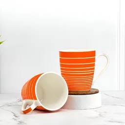 UPC Orange & White 2 Pieces Striped Printed Dishwasher Safe Ceramic Glossy Mugs-52