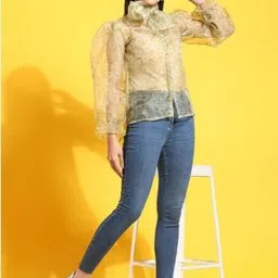 Rujave Floral Printed Tie-Up Neck Puffed Sleeves Sheer Organza Shirt Style Top-picture-10