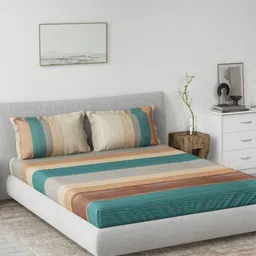 DDecor Brown & Cream Striped Cotton Fitted 145 TC King Bedsheet Set 2.29 m X 2.74 m-1