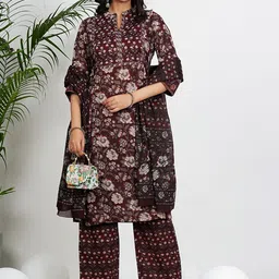 Vbuyz Women Floral Printed Regular Sequinned Pure Cotton Kurta with Trousers & With Dupatta-picture-14