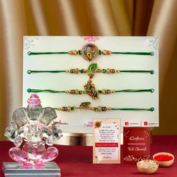 eCraftIndia Set Of 4 Radha Krishna & Peacock Rakhi With Crystal Lord Ganesha Idol-image-43