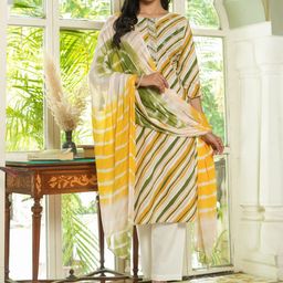Sangria Yellow Striped Gotta Patti Work Pure Cotton Straight Kurta & Trousers With Dupatta-image-15