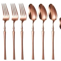 rose gold Creative Steak Square Handle Spoon Combo (6 spoon, 3 knife, 3 fork) Stainless Steel Cutlery Set-12