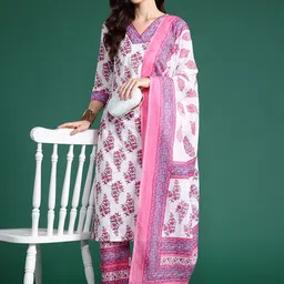 Anouk Floral Printed V-Neck Pure Cotton Kurta With Palazzos & Dupatta-picture-21