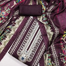 KALINI Purple France Silk Digital Print Mirror & Diamond Work Unstitched Dress Material-image-37