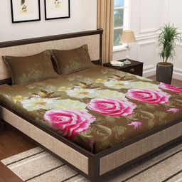 Myntra Elegant Homes Brown & Pink Floral Printed 300 TC King Bedsheet Set 2.50 x 2.20 m-image-66