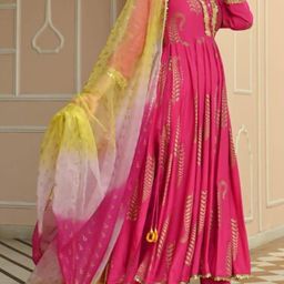 KALINI Women Floral Printed Angrakha Thread Work Kurta with Palazzos & With Dupatta-image-36