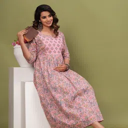 Fasnesio Women Ethnic Motifs Printed Round Neck Maternity Anarkali Kurta-picture-16