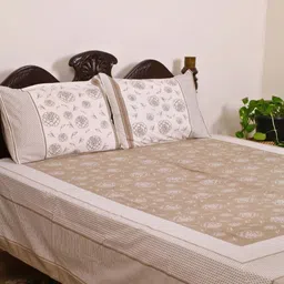 Peepul Tree Taupe & White Floral Pure Cotton 300 TC Double King Bedsheet Set-2.74m x2.74 m-image-98