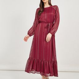 Styli Women Striped Puff Sleeves Wrap Maxi Dress-picture-44