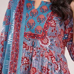 MOJILAA Women Floral Printed Empire Kurta with Trousers & With Dupatta image 3