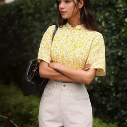 Aaghnya Women's Print Mandarin Collar Flared Sleeve Shirt Style Top-picture-30