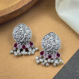 NAMAN ARTS Silver-Plated Stones Studded & Beaded Teardrop Shaped Oxidised Drop Earrings-11