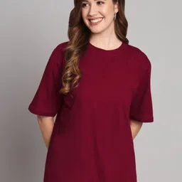 GLOWBERRY Women Solid Round Neck Oversized T-shirt-picture-1
