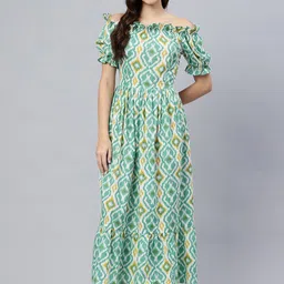 Swishchick Print Off-Shoulder Puff Sleeve Fit & Flare Maxi Dress-image-27