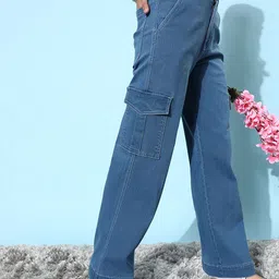 DOLCE CRUDO Women Wide Leg High-Rise Highly Distressed Cargo Styles Stretchable Jeans-picture-27
