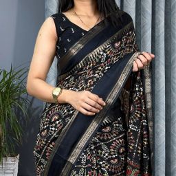 Printed Ikkat Cotton Silk Saree-image-5