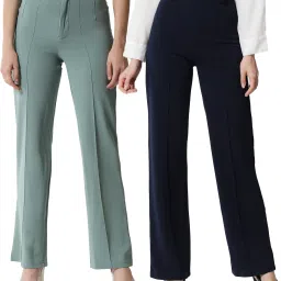 Pack of 2 Women Regular Fit Light Green, Dark Blue Viscose Rayon Trousers-image-23