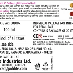 fevicryl 3D Outliners Glitter Kit 20ml x 5 | Fabric and Multi-Surface 3D Outliners Glitter Assorted Pack image 5